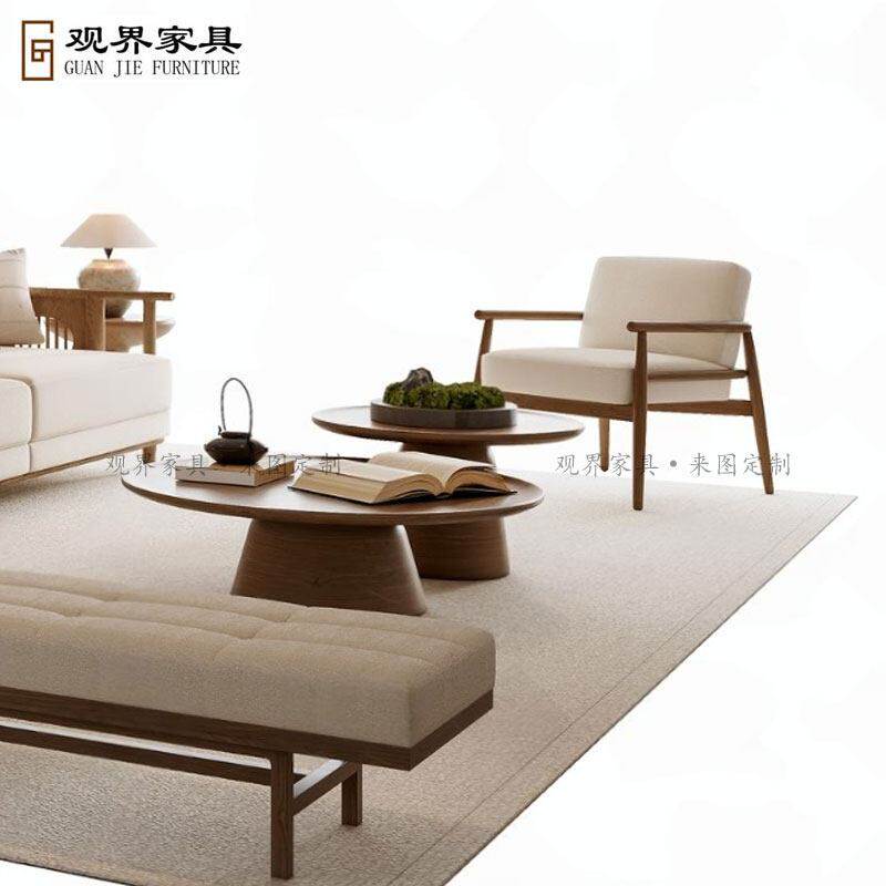 宋代美学简约布艺沙发样板房侘寂风设计师新中式客厅会所家具定制