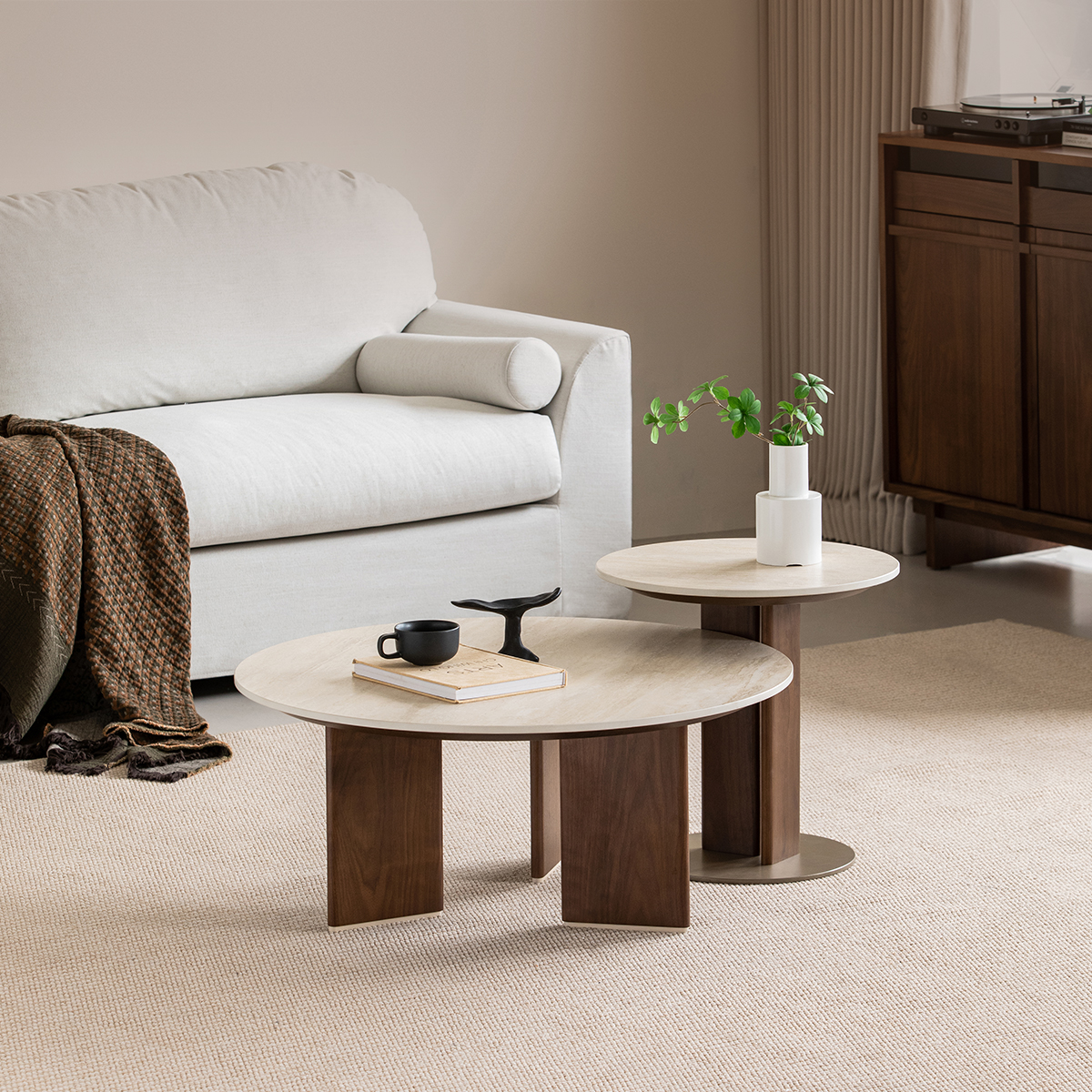 出乎生活黑胡桃木山川组合茶几