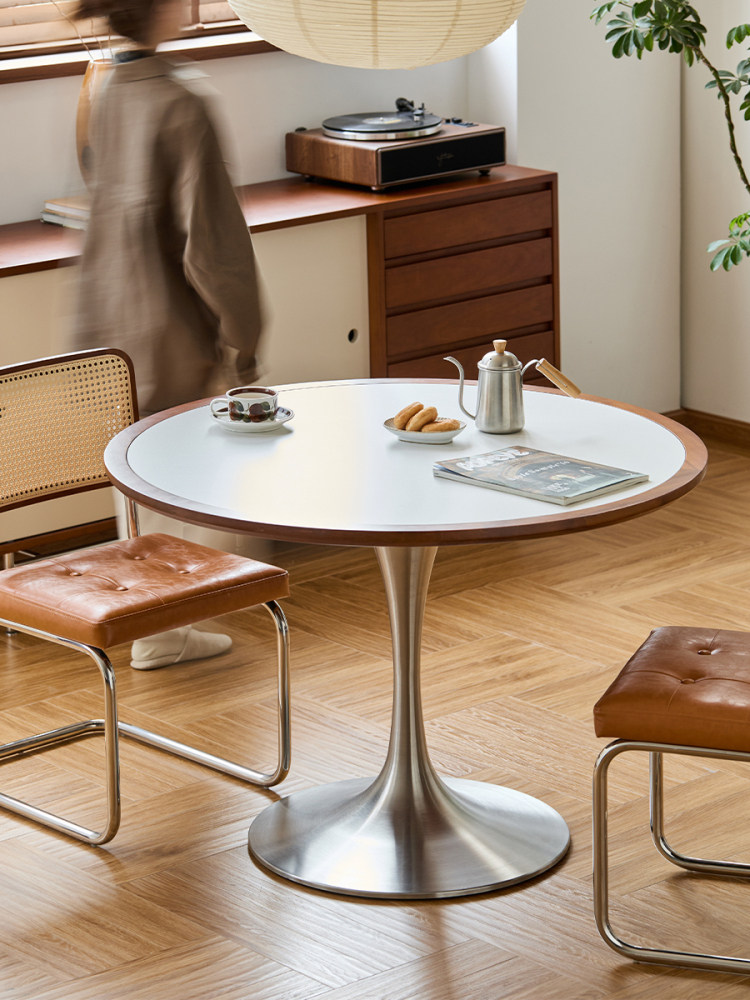 出乎生活郁金香圆桌岩板餐桌家用覆古实木圆形餐桌小户型吃饭桌子