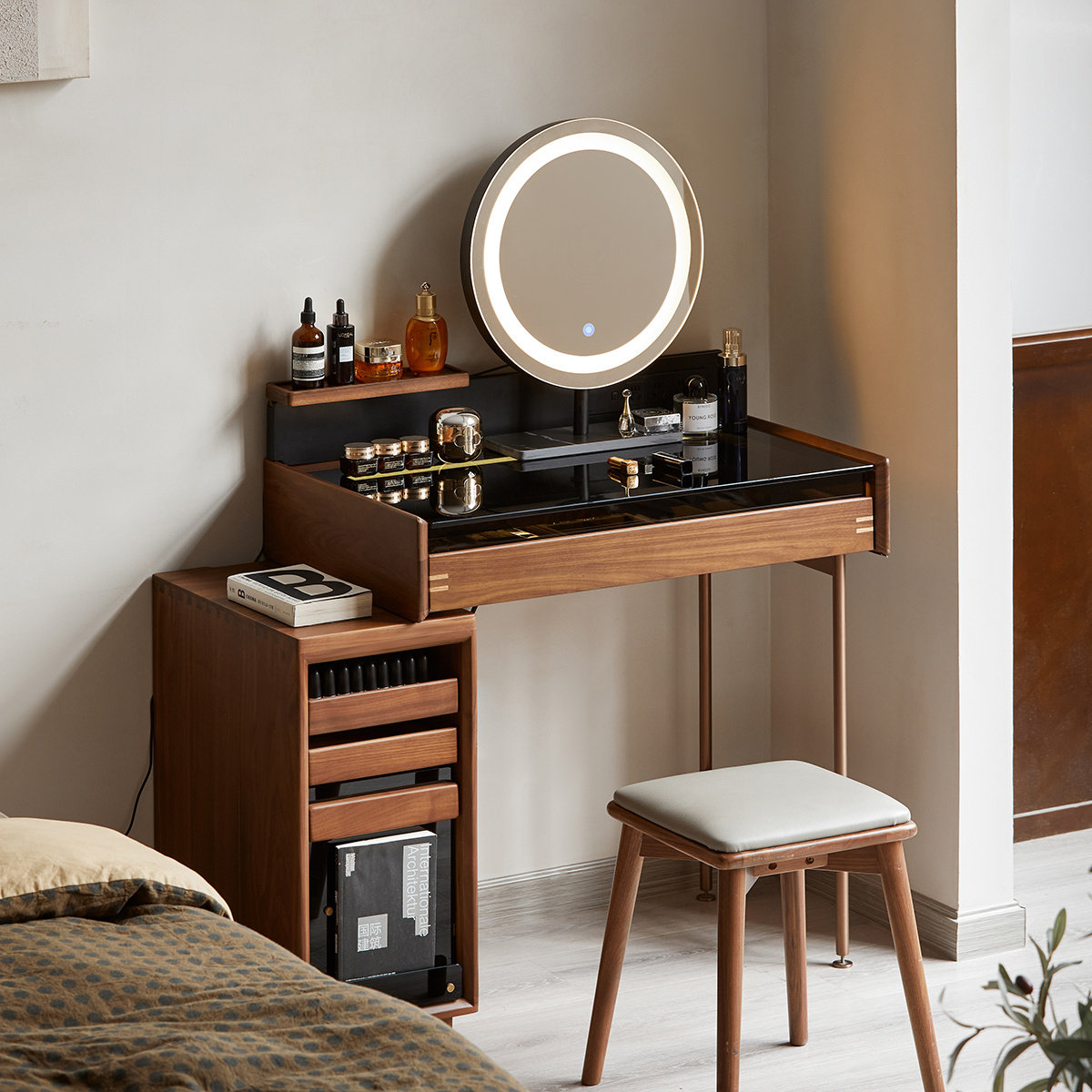 出乎生活芙韵梳妆台收纳柜一体卧室床边小户型黑胡桃木小型化妆桌,住宅家具,梳妆台/桌,淘宝优惠券,粉丝福利购,淘宝优惠卷