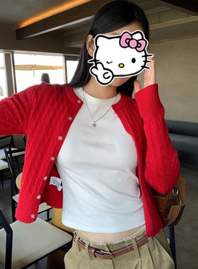 针织开衫女春秋2024新款外搭上衣短款长袖红色气质毛衣外套