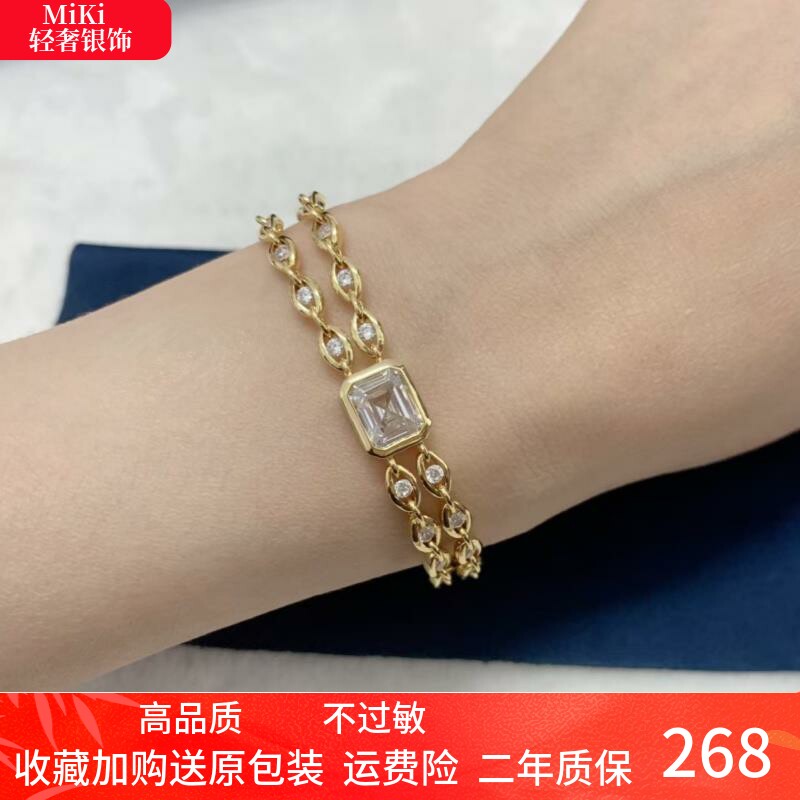 金黄色满钻锁扣双层手链女S925银手表手饰送女友生日礼物设计感