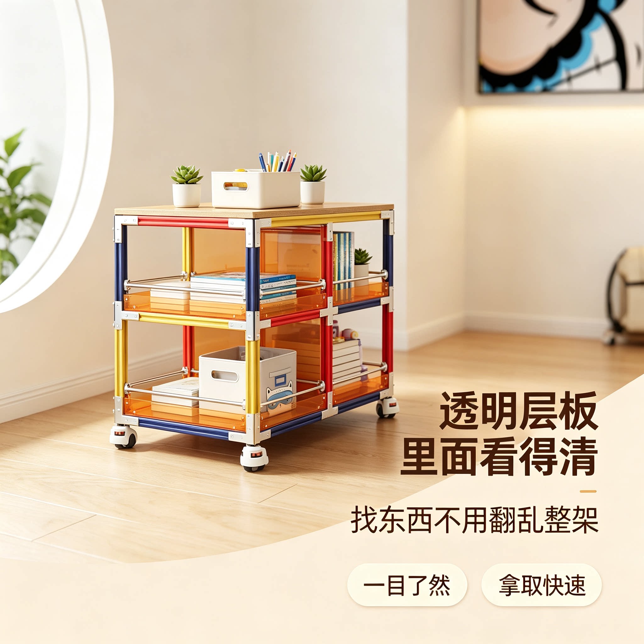 铝型材多巴胺海洋板可移动小推车多功能边几收纳架撞色创意置物柜图片