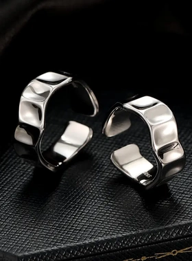 s925银韩版不规则凹凸戒指女简约冷淡风光面宽版开口食指戒