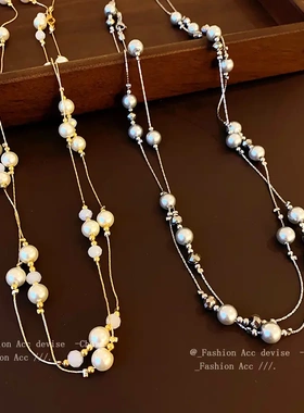 人造水晶款串珠叠戴项链法式复古气质毛衣链轻奢高级感项饰女