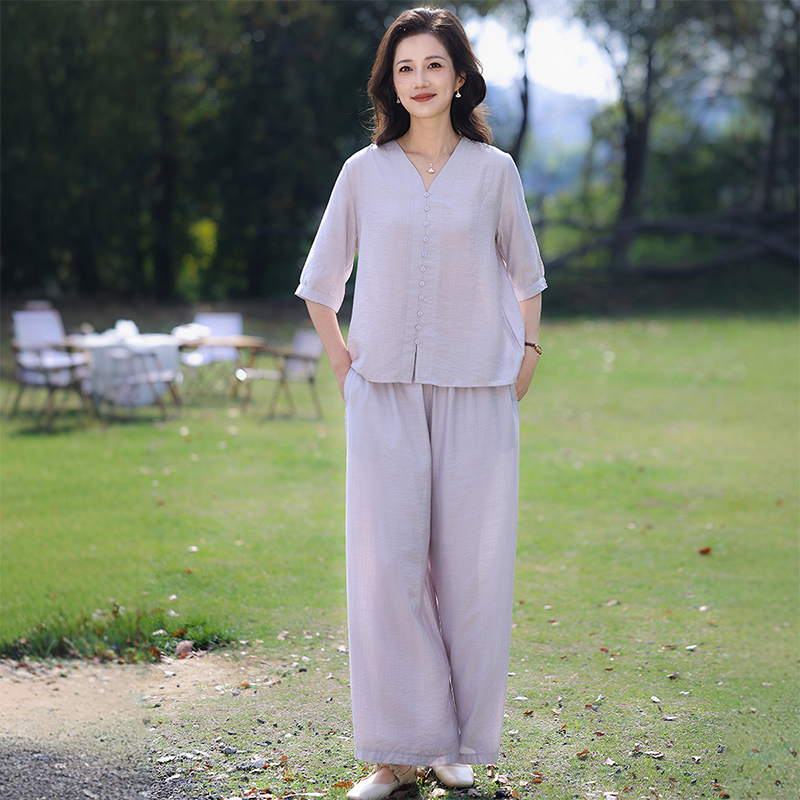 千百怡恋时尚妈妈夏装宽松休闲上衣阔腿裤中老年女文艺简约两件套