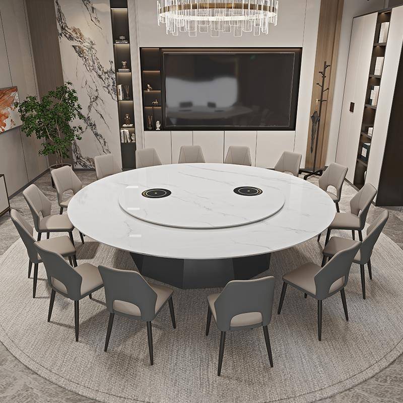 岩板圆形电磁炉餐桌椅带内嵌转盘电动大理石桌隐形式10人火锅桌子