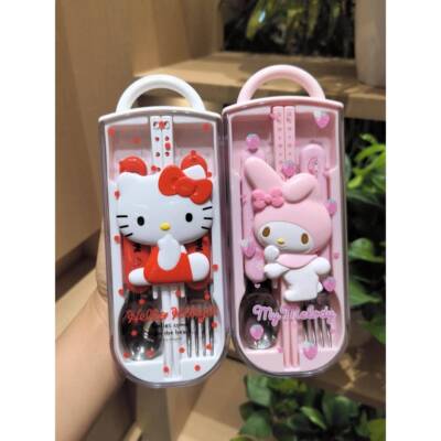 哈喽kt筷子勺子套装一人用收纳盒便携式餐具学生不锈钢筷勺三件套