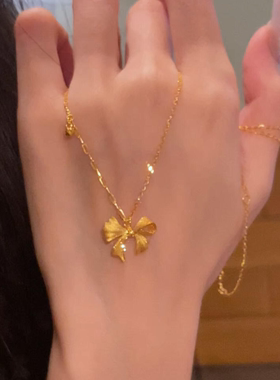 S925纯银金色拉丝蝴蝶结项链女