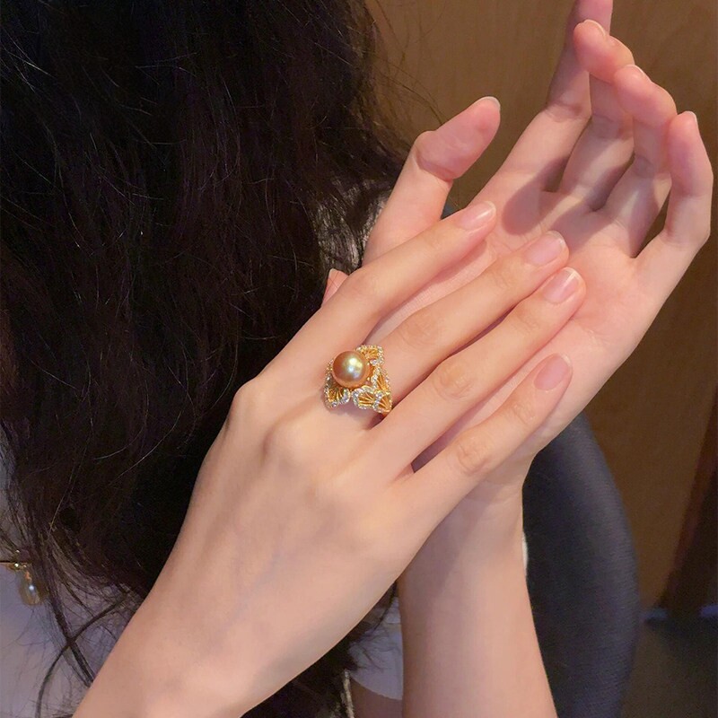 S925纯银复古宫廷风菱形珍珠戒指女小众设计千金感蕾丝花边食指戒