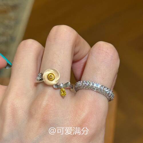 奶黄色向日葵立体花朵戒指女