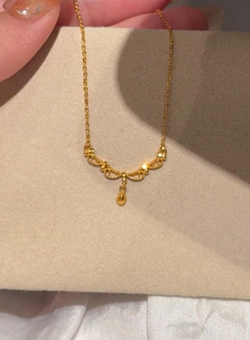 S925纯银金色蕾丝花边水滴项链女