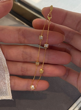 S925纯银金色爆闪方糖锆石手链女