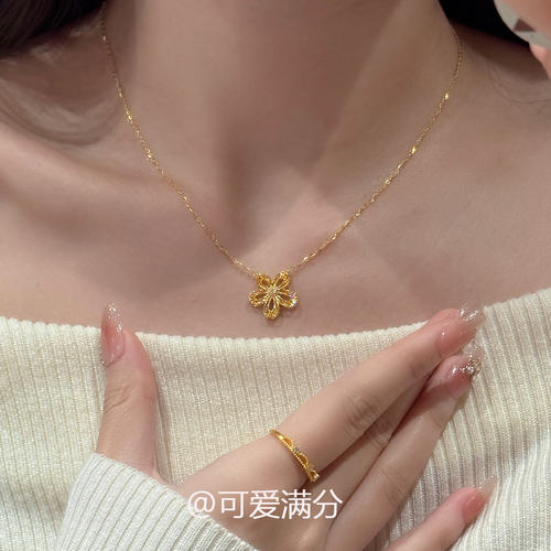 S925纯银复古金色拉丝花朵项链女