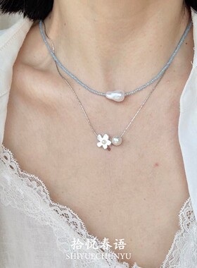 S925纯银色花朵串珠项链女