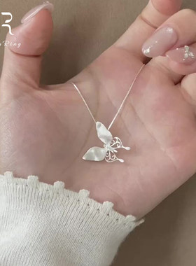 S925纯银色镂空蝴蝶项链女