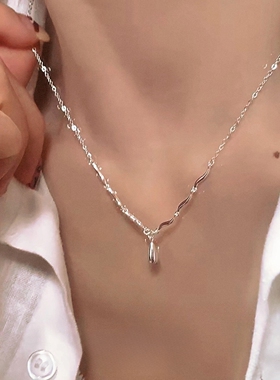 S925纯银色波浪水滴项链女