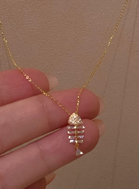 S925纯银满钻金色鱼骨项链女