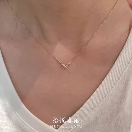 S925纯银爆闪满钻金色V型项链女