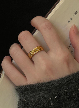 vintage中古金色菱格纹戒指女