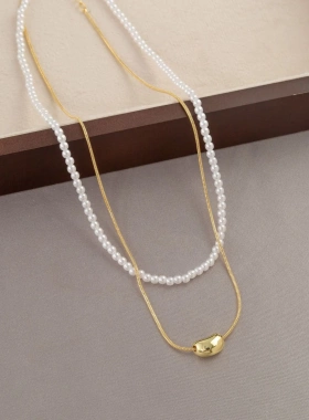 真金电镀法式复古双层豆豆珍珠项链高级感叠戴锁骨链简约百搭配饰