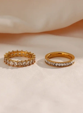 欧美ins时尚流行个性边镶锆指环饰品不锈钢镀18k满钻锆石戒指女