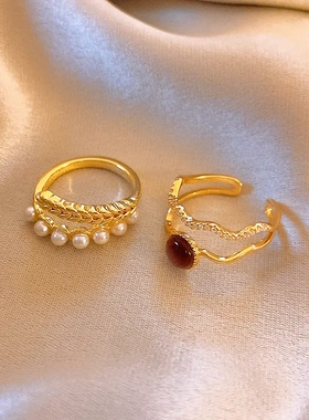 时尚设计麦穗珍珠开口戒指韩国金属风食指戒个性潮流百搭手饰