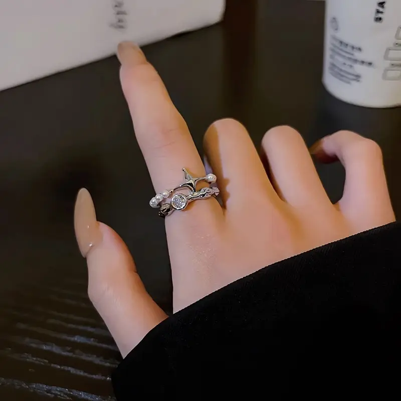 四芒星双层设计感珍珠戒指女冷淡风ins高级感百搭食指开口戒指环