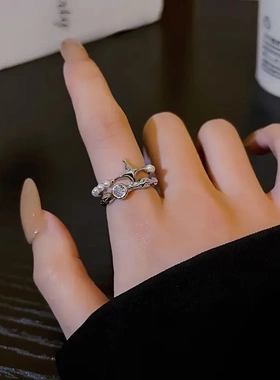 四芒星双层设计感珍珠戒指女冷淡风ins高级感百搭食指开口戒指环