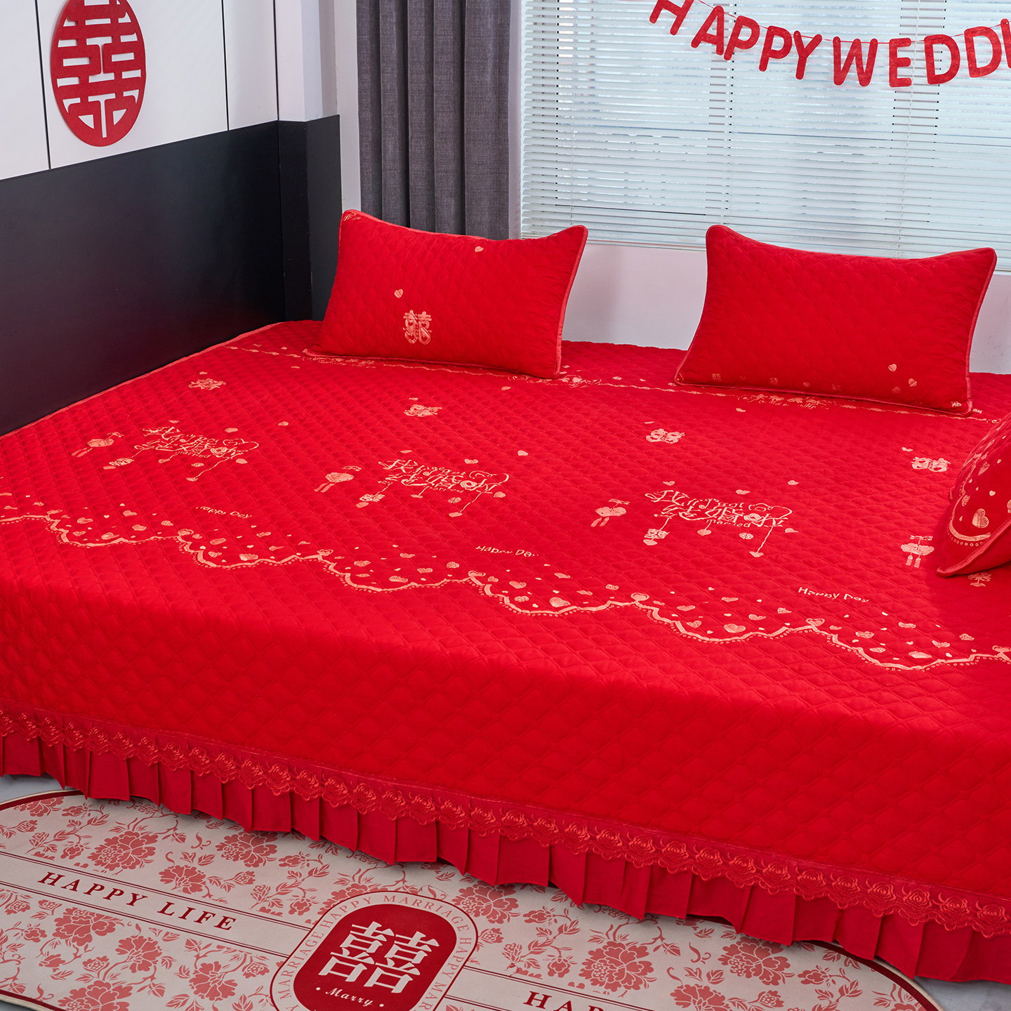 大红色结婚榻榻米床盖纯棉夹棉炕盖喜庆正红床单带裙边炕单大尺寸
