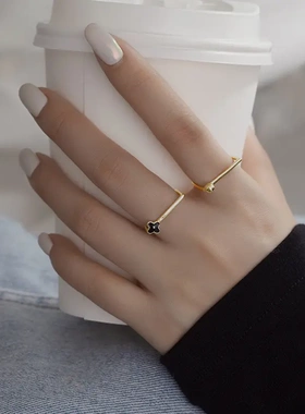 小花小球叠戴s925纯银戒指女小众个性设计方形开口可调节戒子指环