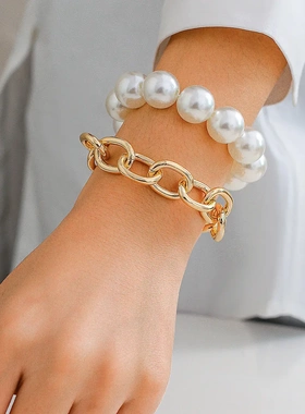 欧美饰品 热销几何串珠手链女时尚 夸张大圆珠仿珍珠braelet