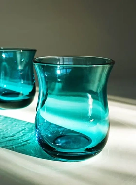 中古玻璃杯日式清酒杯手工吹制小酒杯蓝色茶杯mini家用原色杯
