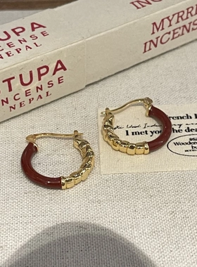 金色碎银拼接拉红色滴油拼接圆圈耳扣小众复古港风酒红色耳环