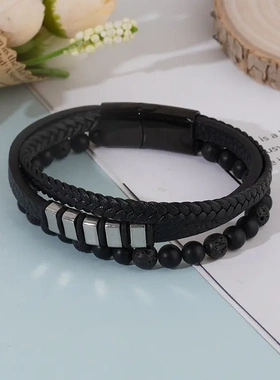 手工编制牛皮不锈钢男士手链欧美复古首饰手镯饰品