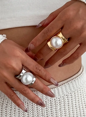 欧美饰品 夸张感镶嵌大珍珠宽戒指 个性几何光面ring关节戒