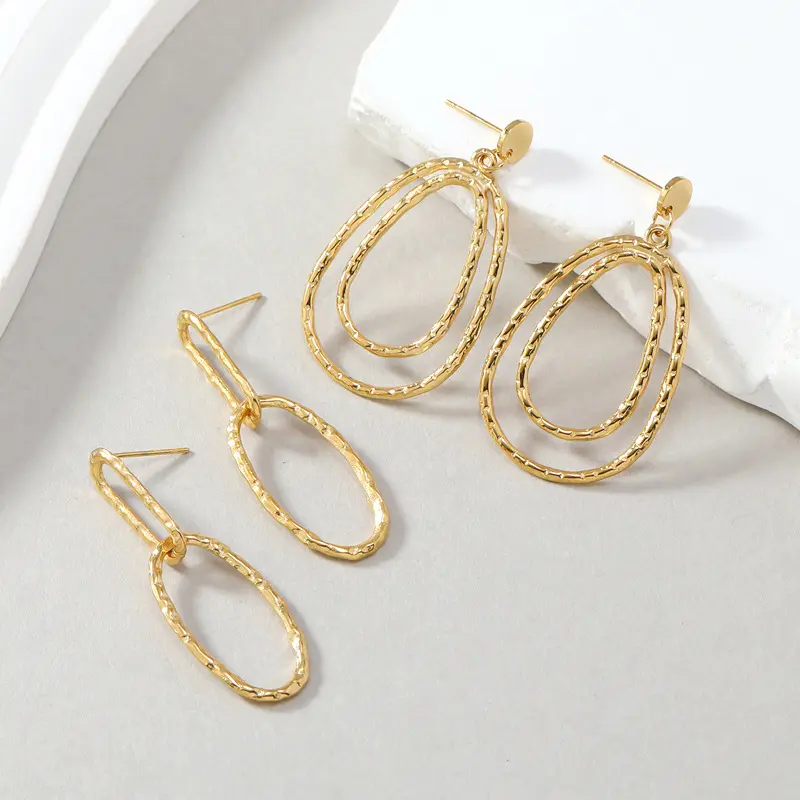 欧美不锈钢耳环个性耳钉女 钛钢油压双层镂空水滴形金色耳环