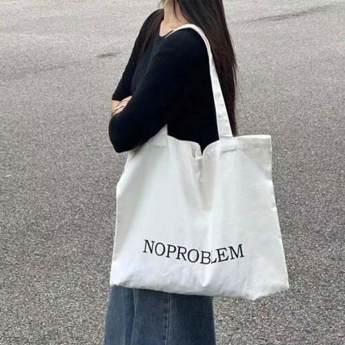 简约英文帆布袋NOPROBLEM百搭大容量环保袋百搭单肩包敞口文艺包
