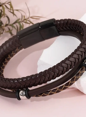 男款饰品手工超纤编织不锈钢牛皮男士手链皮革串珠