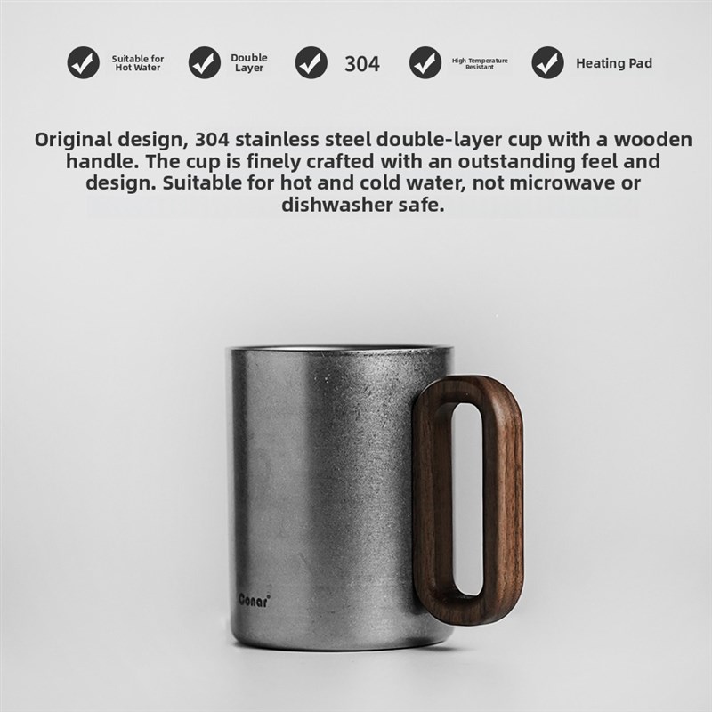 复古不锈钢杯304双层耐热和耐寒高价值的经典咖啡杯与木制手柄与