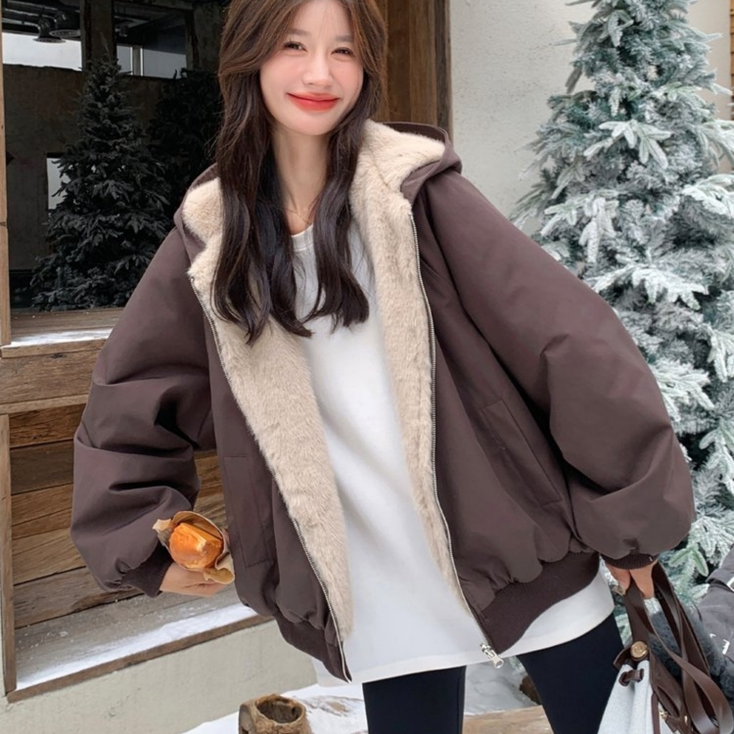 2025冬季新款韩系双面穿时尚保暖派克风短款加绒加厚棉服外套女潮