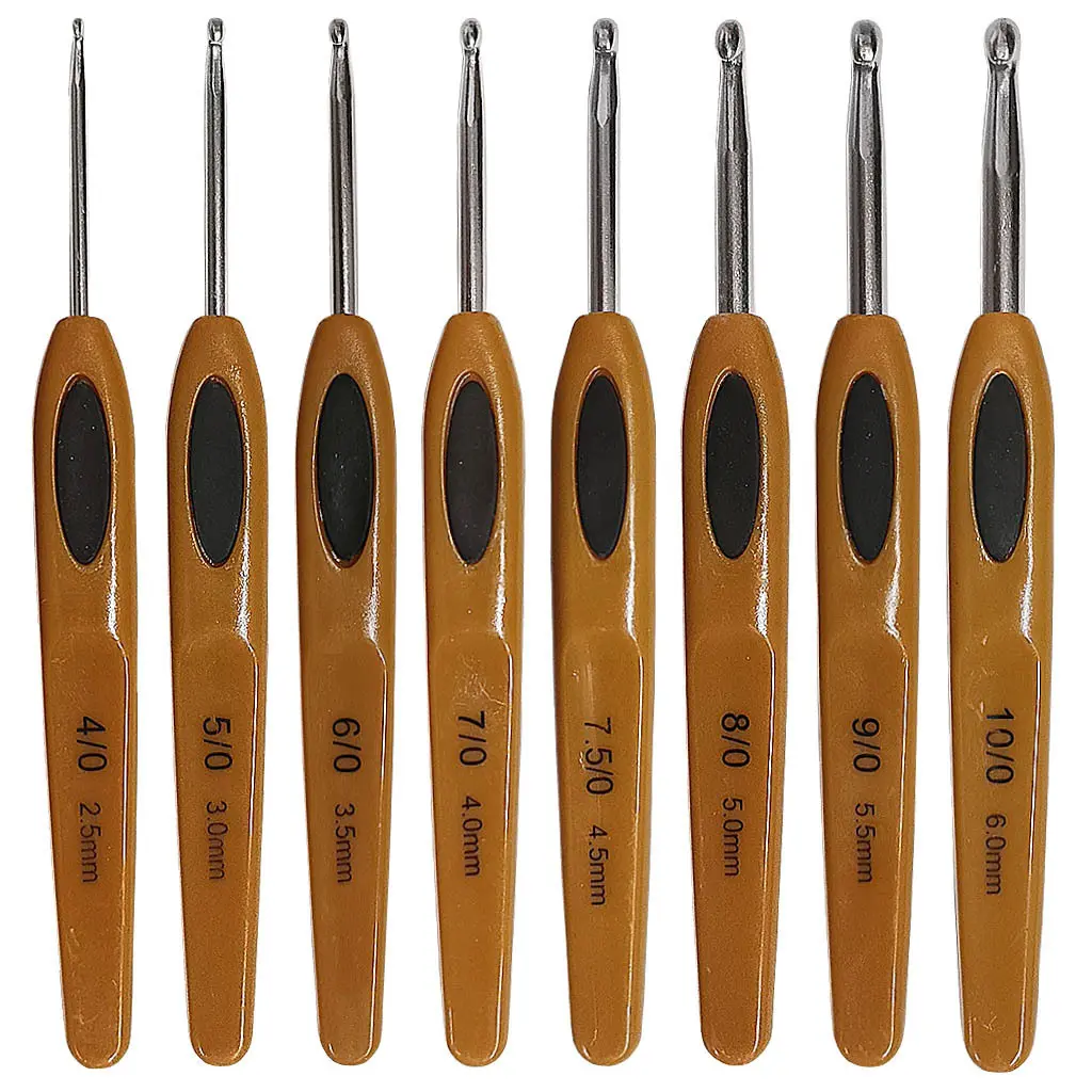 编织工具塑料柄毛衣针棕色软贴皮铝钩针 一套8根opp袋包装