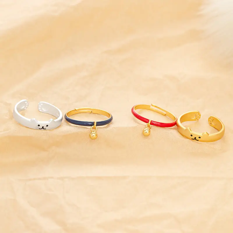 s925银日系可爱猫咪铃铛戒指滴釉情侣对戒组合可叠戴食指环