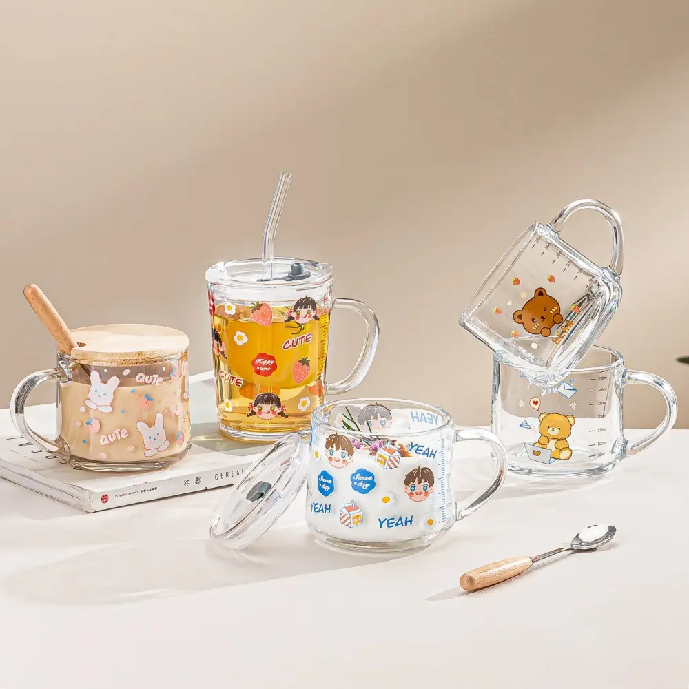 玻璃杯清新卡通女水杯刻度吸管杯有盖把手防烫厚耐热宿舍办公家用