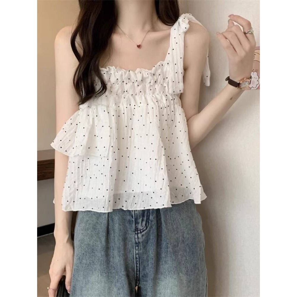 白色吊带背心波点绑带碎花抹胸小仙女辣妹纯欲风无袖上衣女夏外穿