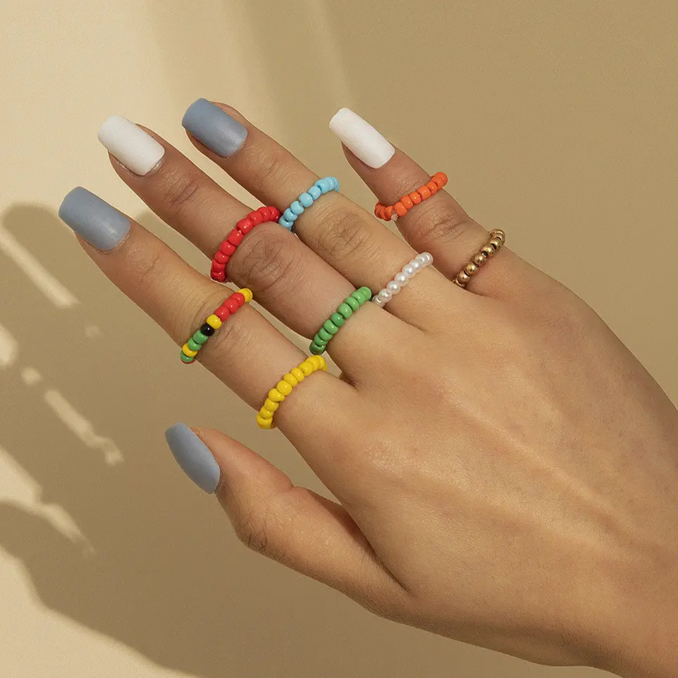 沙滩度假风彩色米珠戒指套装女 欧美时尚几何多层串珠套戒