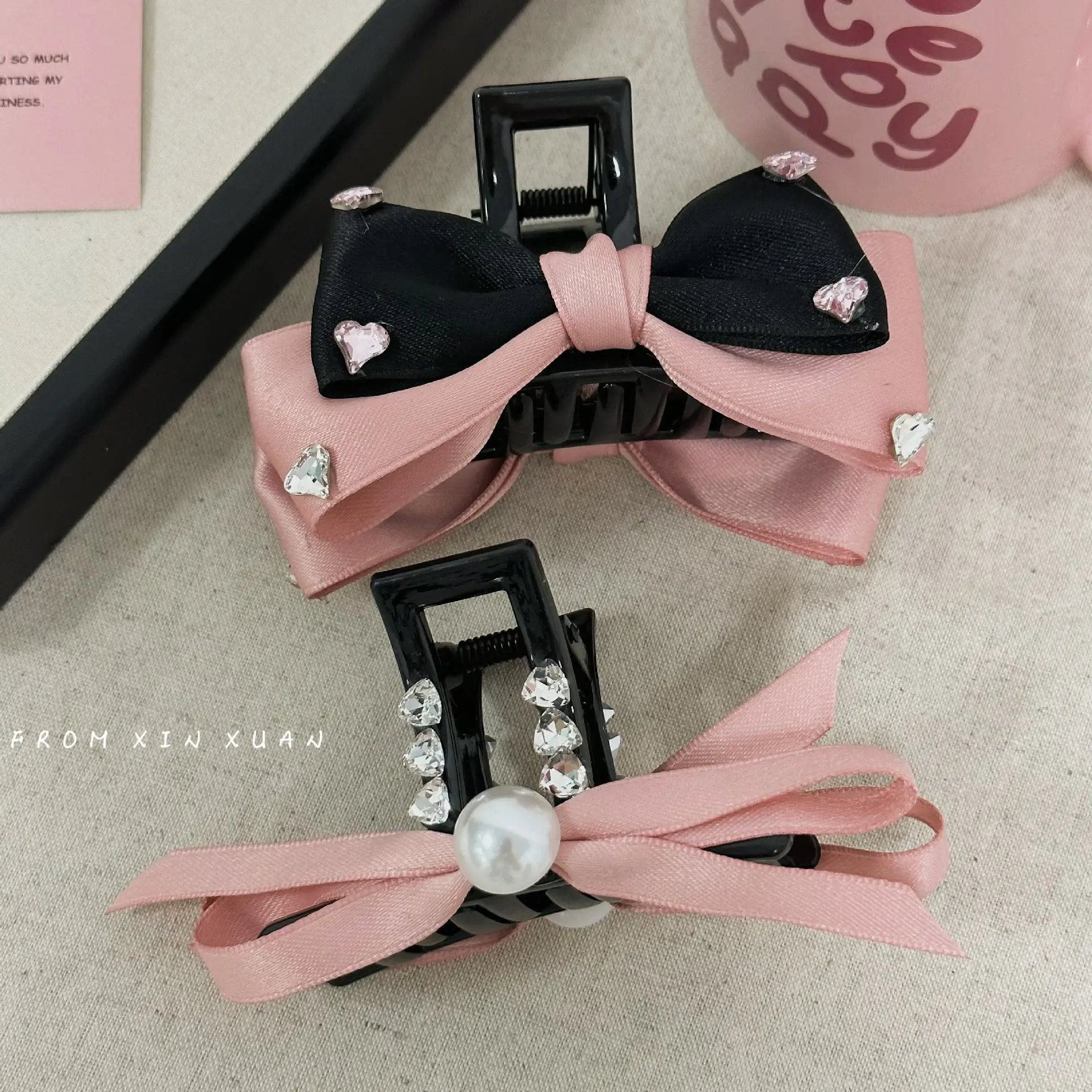 粉黑水钻结抓夹高级感半扎盘发夹子夹甜美发卡发饰