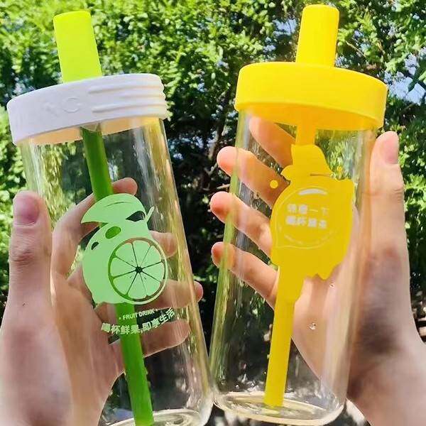 夏季新款水杯柠檬果茶杯玻璃吨吨杯冷水杯吸管高颜值简女生便携杯