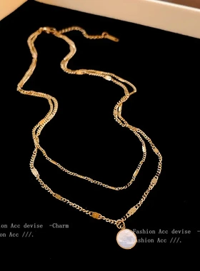 钛钢圆形贝母双层项链韩系简约气质锁骨链网红设计高级感项饰