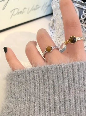 复古美拉德虎眼石开口戒不对称麻花微镶锆石食指戒轻奢小众戒指女